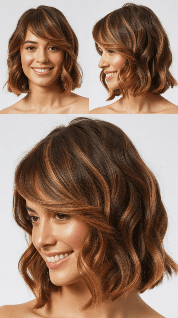 Textured Lob With Tortoiseshell Balayage and Swooped Bangs