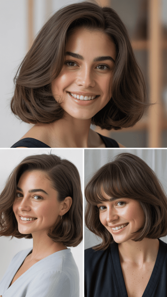 Classic Shoulder-Length Layers With Center-Part Curtain Bangs
