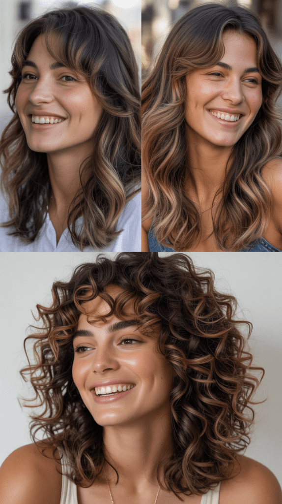 Perimeter Layers With Curtain Bangs And Balayage