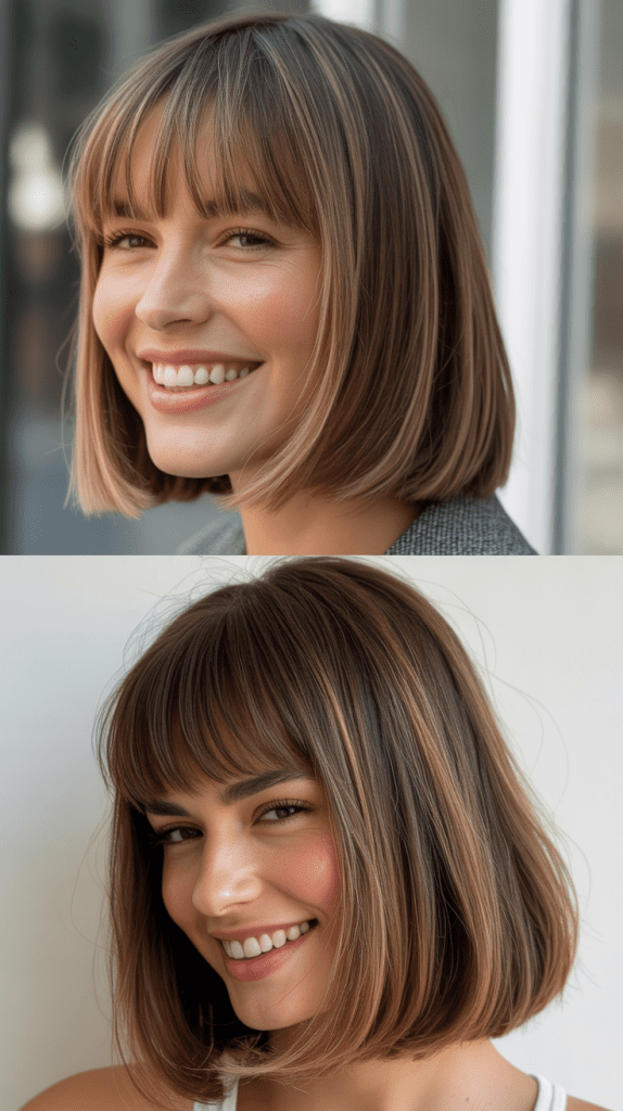 Collarbone Cut With Blunt Bangs and Highlights