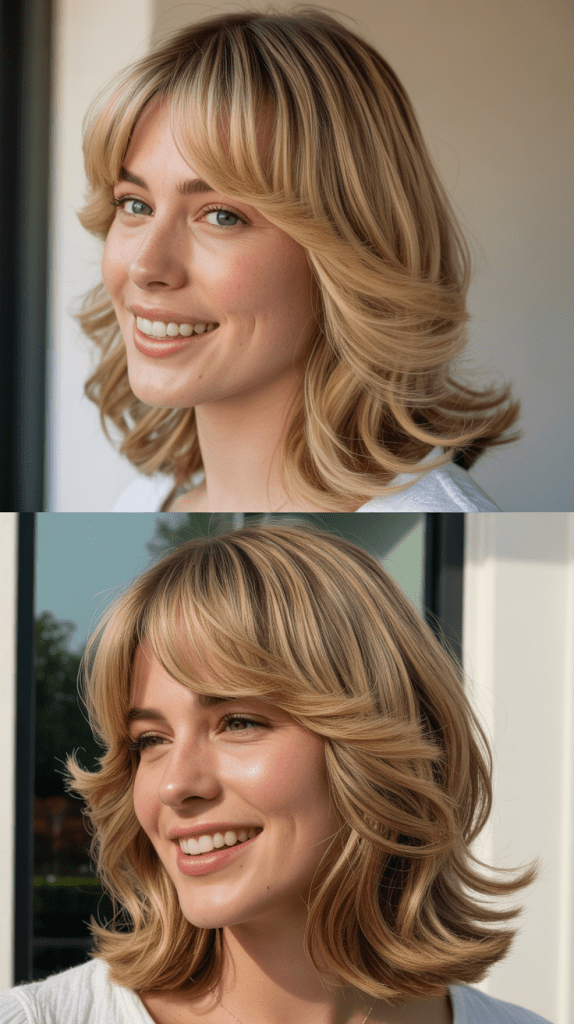 Warm Blonde Highlights with Choppy Curtain Bangs