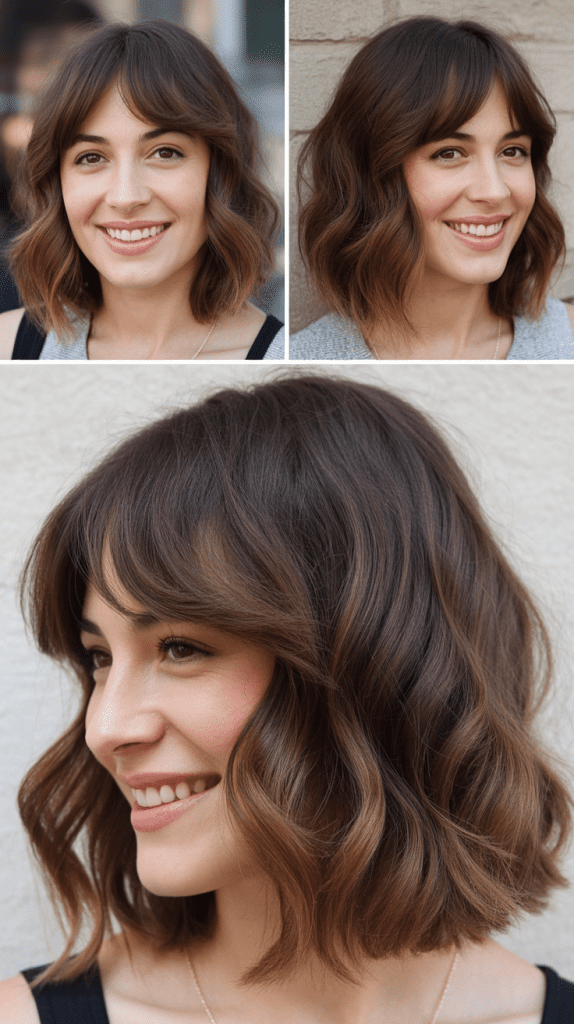 Wavy Lob With Chocolate Balayage and Wispy Bangs