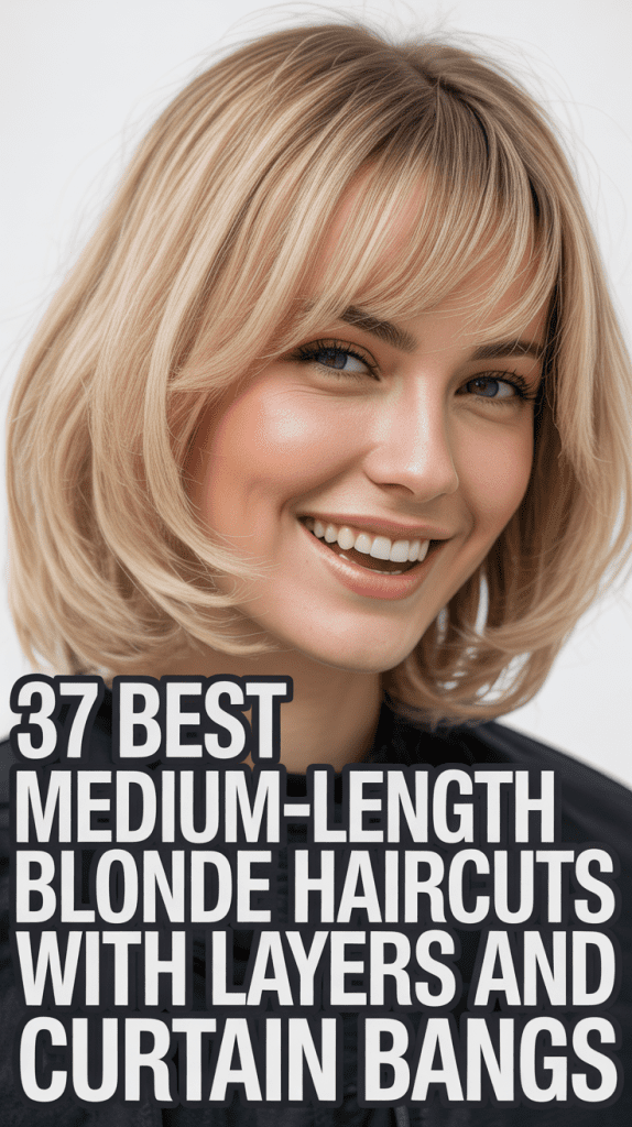 Best Medium-Length Blonde Haircuts with Layers and Curtain Bangs
