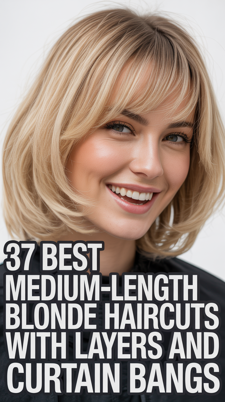 Best Medium-Length Blonde Haircuts with Layers and Curtain Bangs