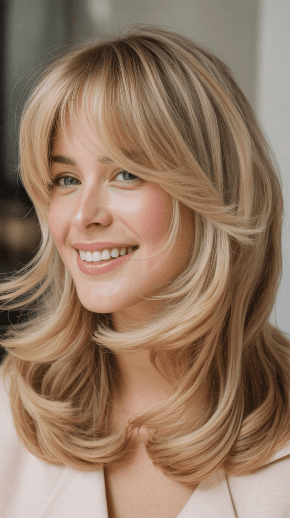 33 Straight Medium-Length Blonde Hairstyles with Layers and Curtain Bangs Straight Medium-Length Blonde Hairstyles with Layers and Curtain Bangs