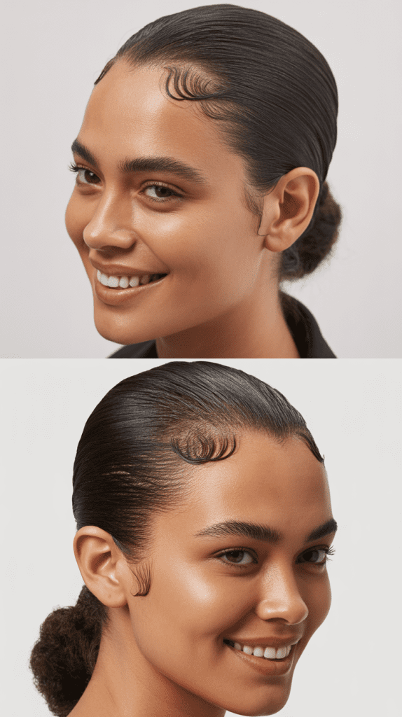 Slicked-Back Style With Exposed Baby Fringe