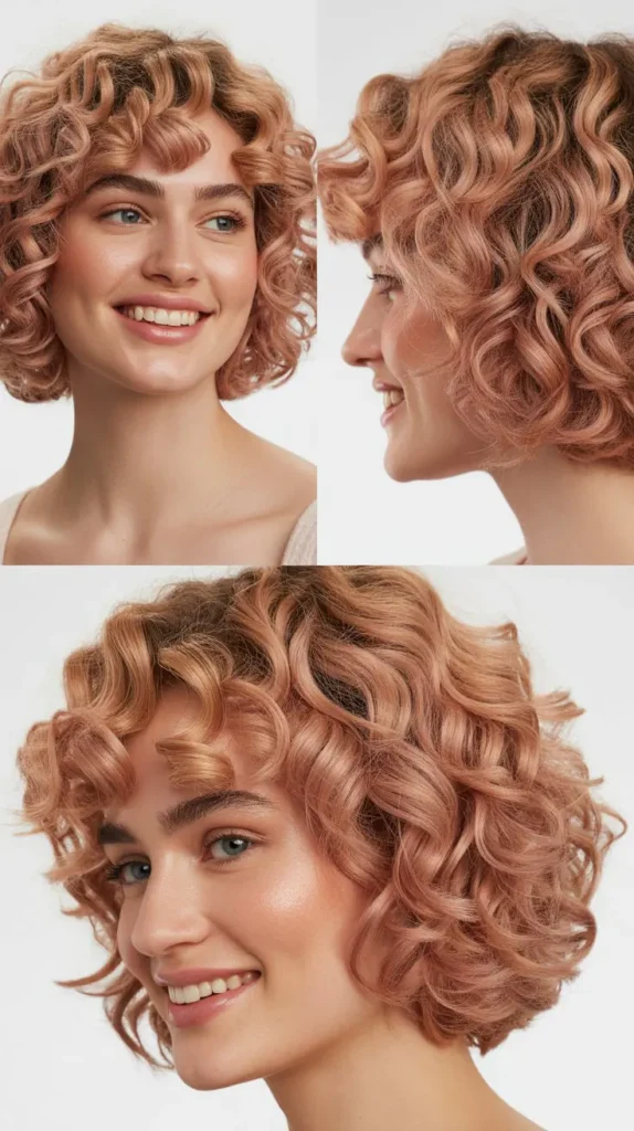 Chin-Length Curly Bob with Rose Gold Color