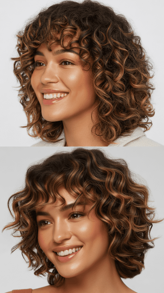 Curly Lob With Cinnamon Balayage and Curly Bangs