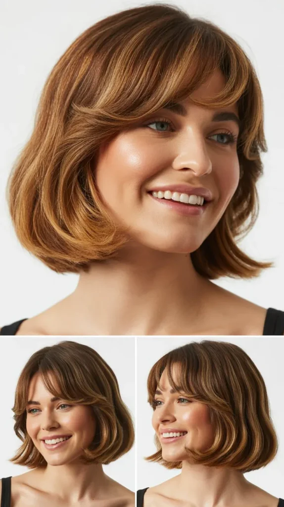 Chin-Length Bob with Layered Curtain Bangs
