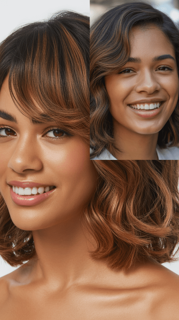 Classic Textured Lob With Caramel Balayage and Curtain Bangs