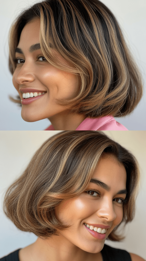 Layered Lob With Ash Brown Balayage and Side-Swept Bangs