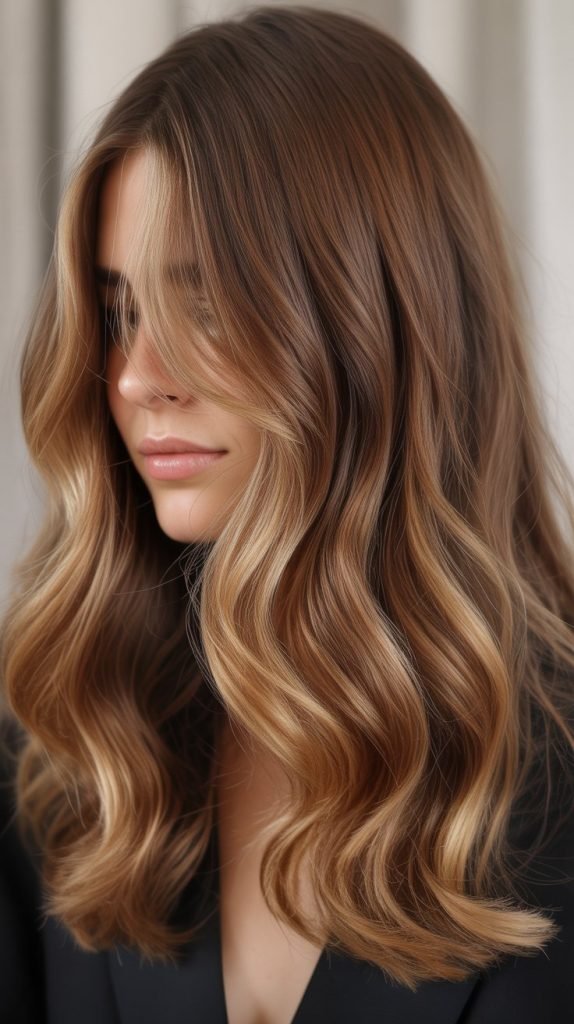 Balayage Medium Hair with Sun-Kissed Curtain Bangs