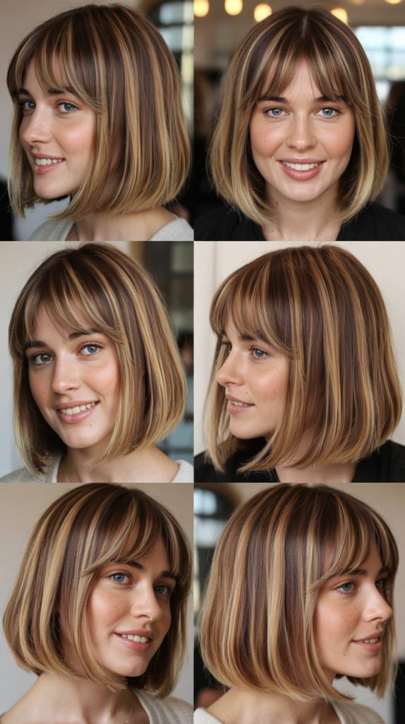  Long Bob with Eyebrow-Length Bangs and Balayage