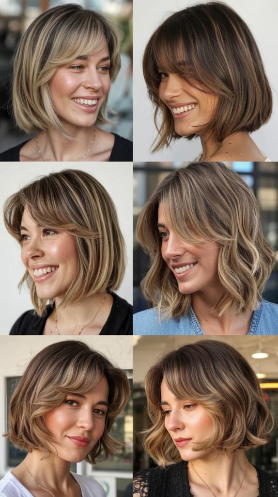  Long Bob With Textured Curtain Bangs And Balayage