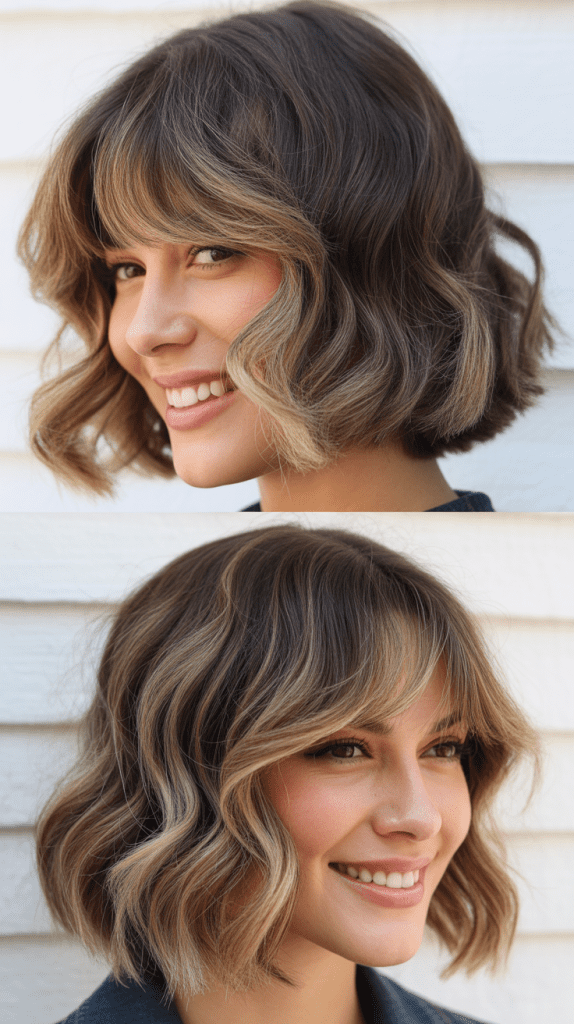 Wavy Bob With Curtain Bangs And Highlights