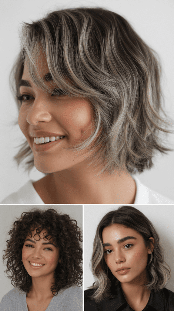 Inverted Lob With Silver Balayage and Asymmetric Bangs