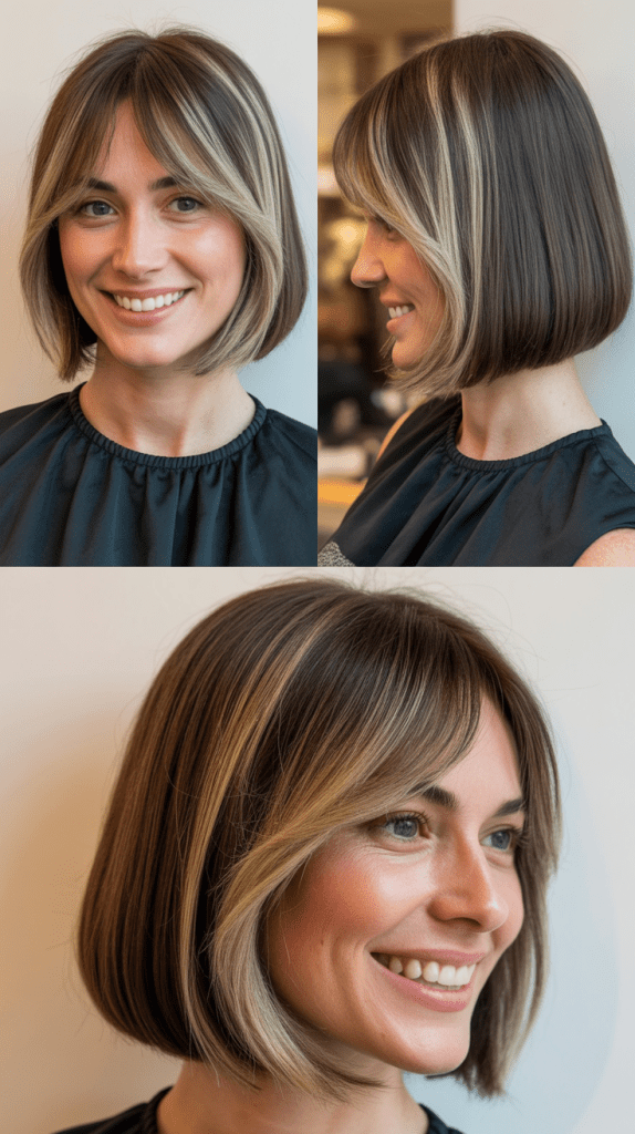 Long Bob With Curtain Bangs And Money Piece Highlights