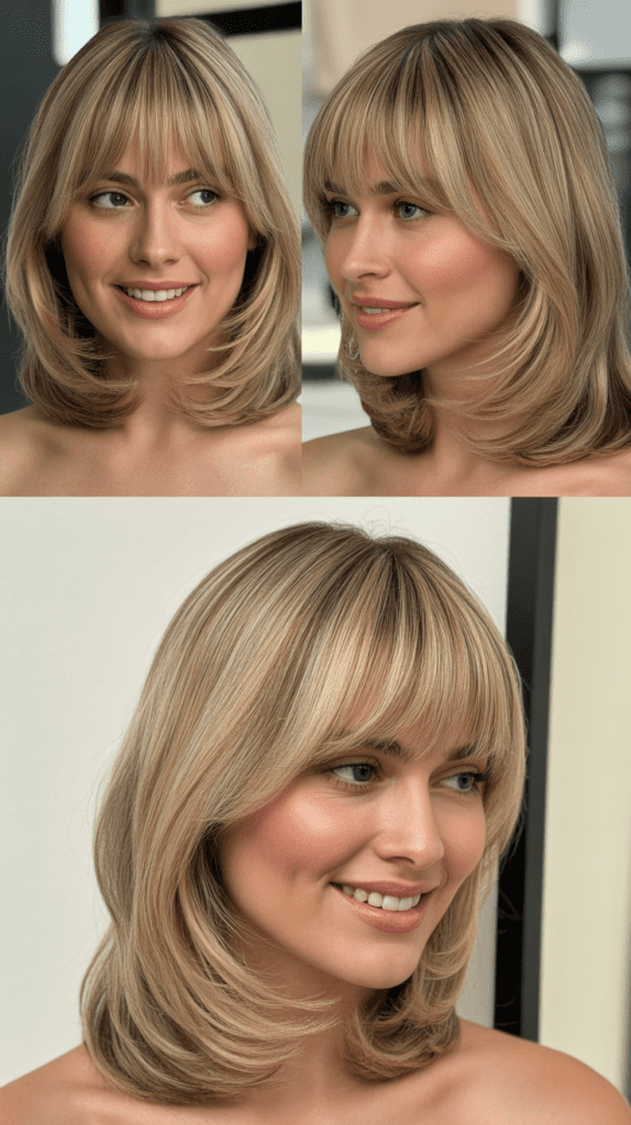 Beige Blonde Layers with Graduated Curtain Bangs