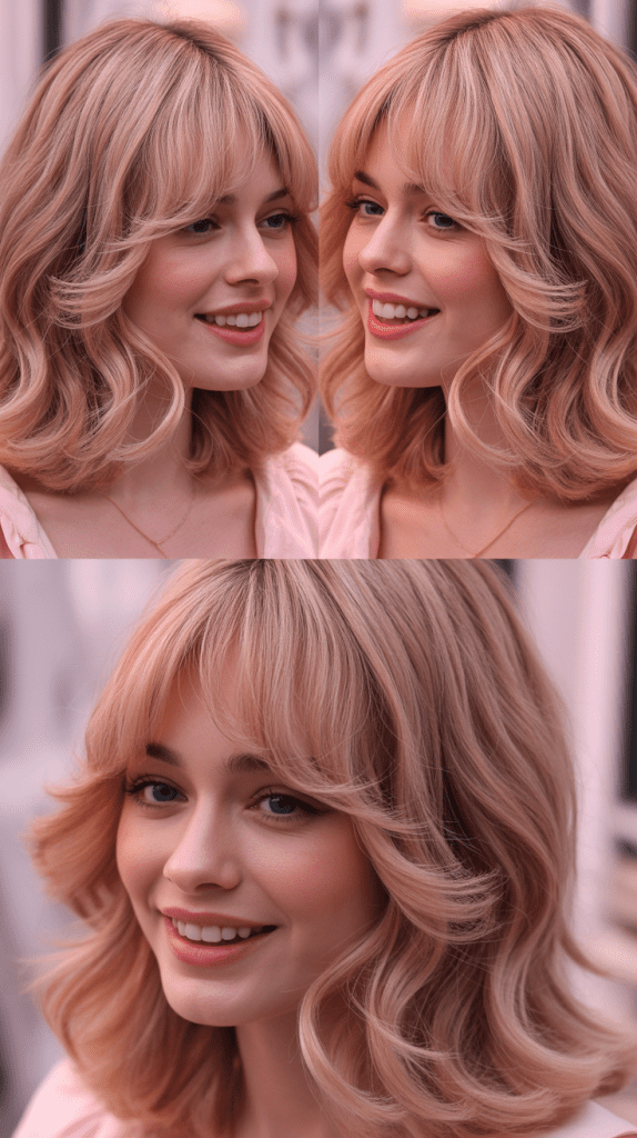 Wispy Baby Bangs with Champagne Rose Blonde Waves