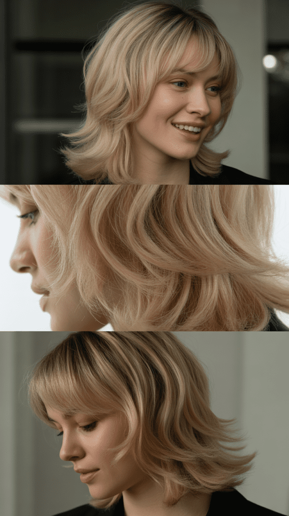 Textured Full Bangs with Cool Beige Blonde Layers