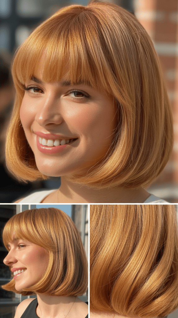 Blunt Curtain Bangs with Butterscotch Blonde Straight Hair