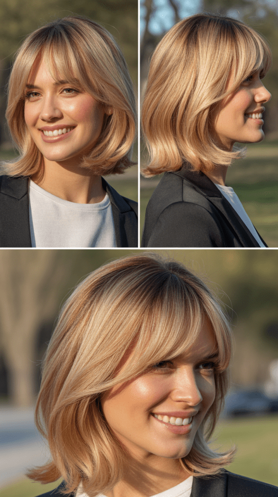 32. Asymmetric Bangs with Rosy Blonde Balayage