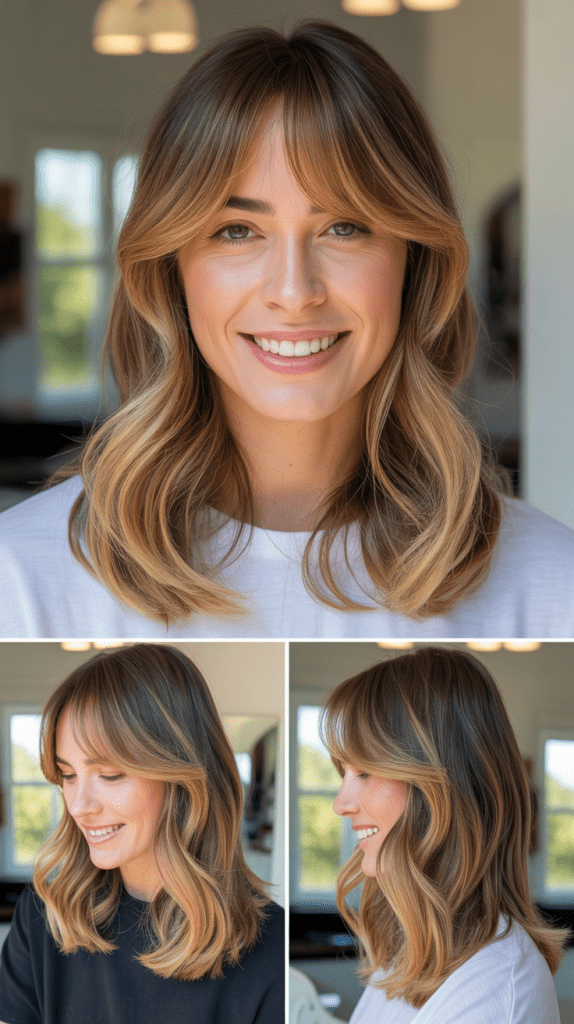  Long Curtain Bangs with Caramel Blonde Balayage