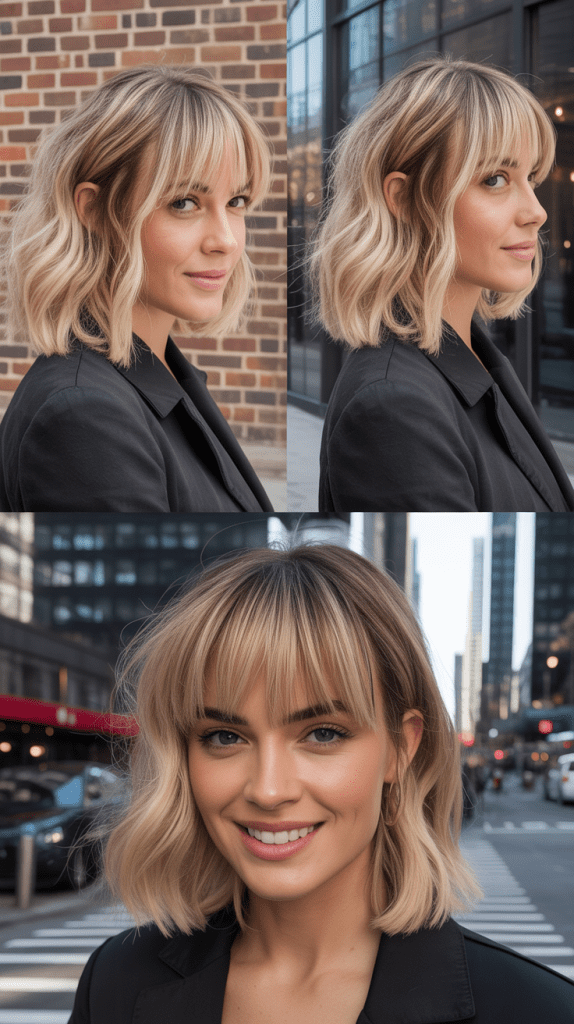 Medium Blonde Lob with Piece-y Micro Fringe