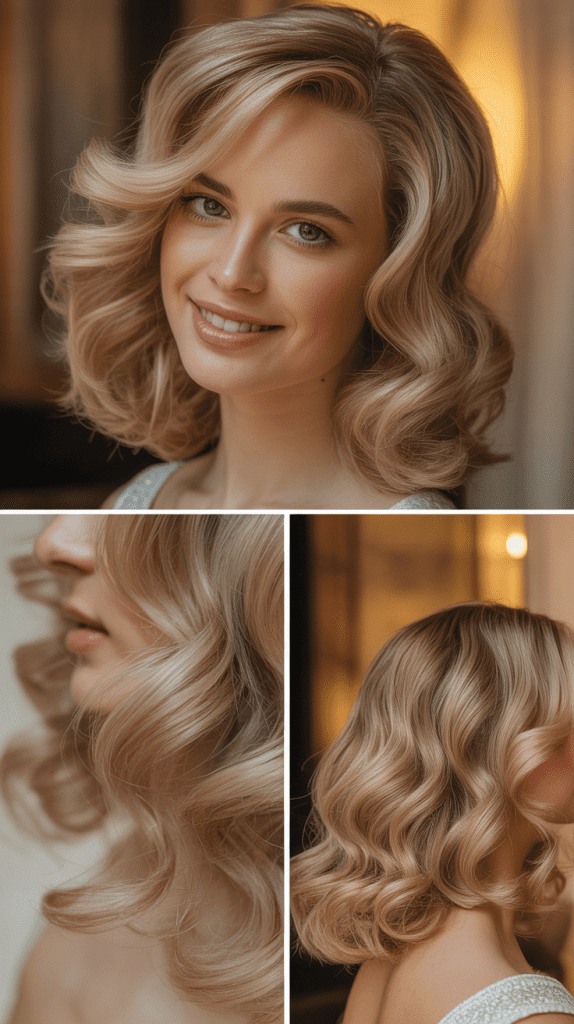 Long Side Bangs with Champagne Blonde Loose Curls