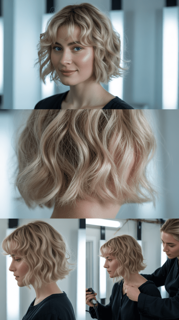 Textured Bangs with Cool Blonde Wavy Lob