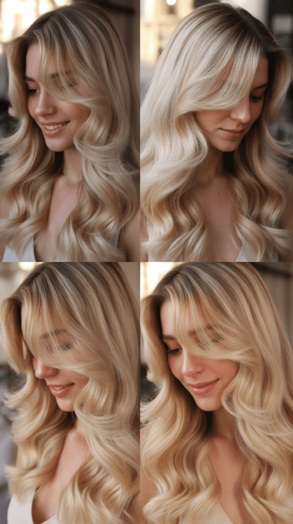 Buttermilk Blonde Balayage with Soft Waves and Curtain Bangs