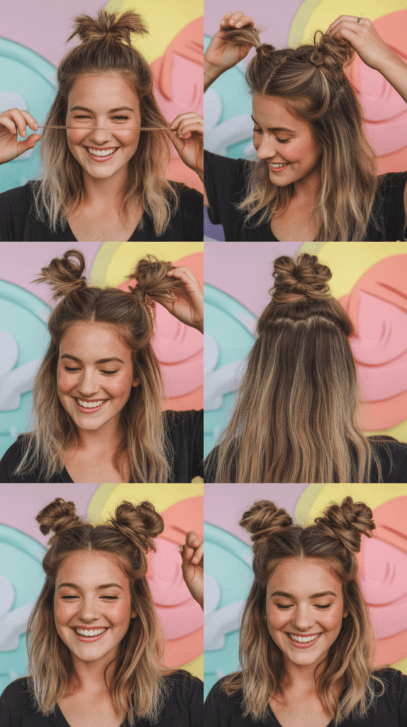 Tousled Half-Up Space Buns