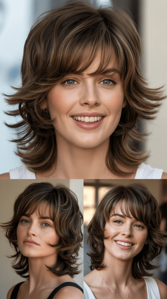 Shaggy Layers With Deep Side Part and Long Bangs