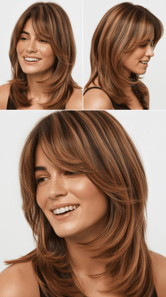 Long Layers With Curtain Bangs And Lowlights