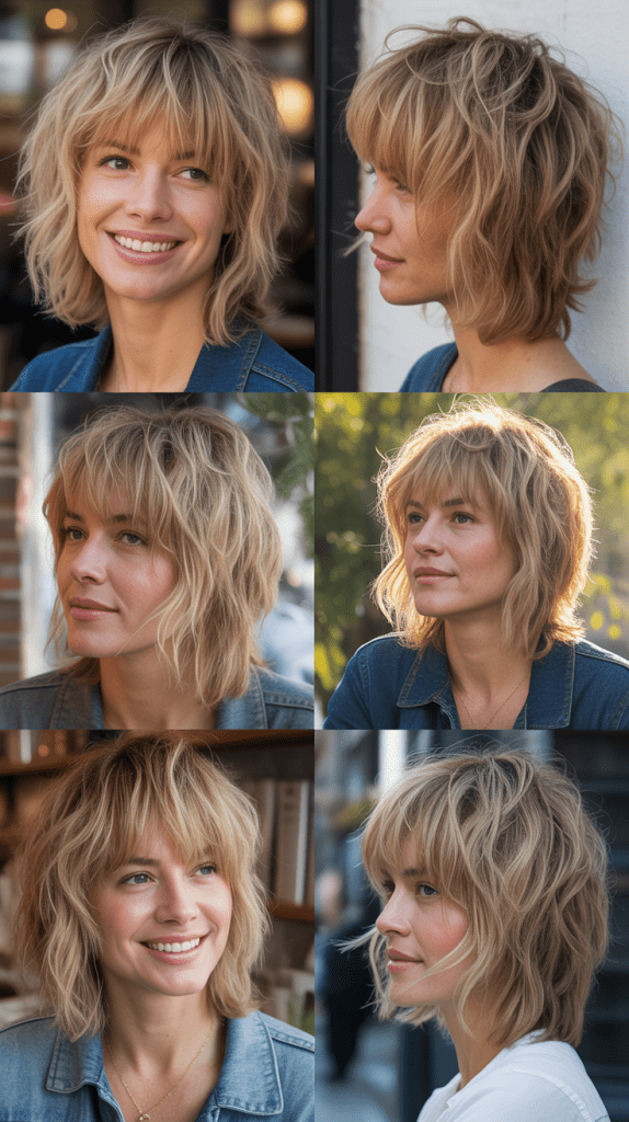 Medium Blonde Shag with Textured Full Bangs