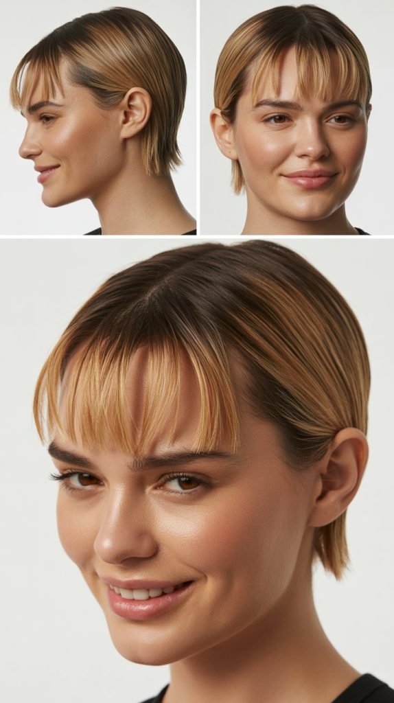Slicked-Back Style with Forward Curtain Bangs