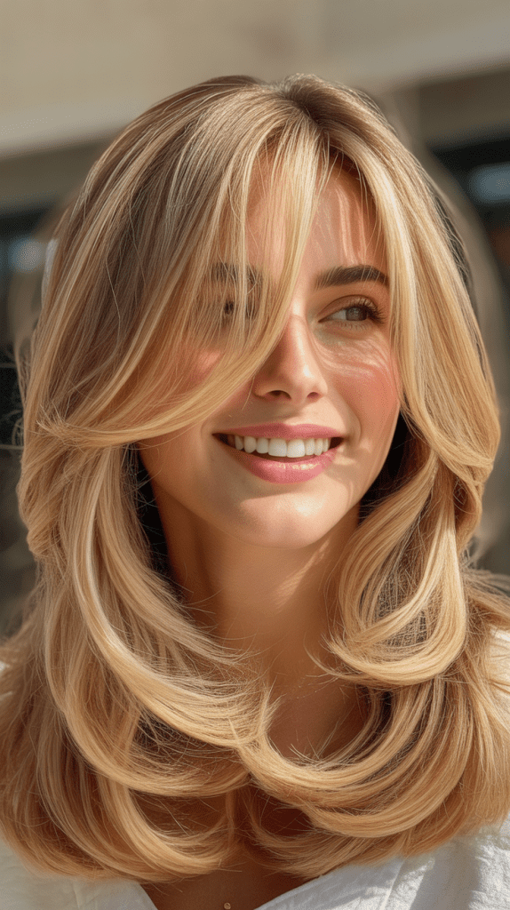 Buttery Blonde Layers with Long Curtain Bangs