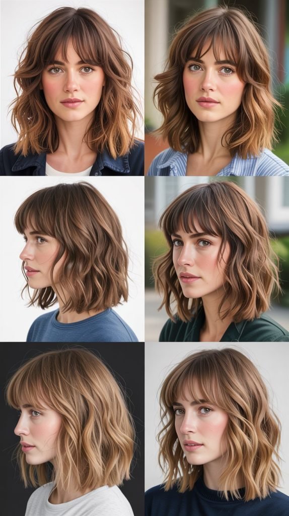 2. Soft Layered Curtain Bangs With Medium Wavy Hair