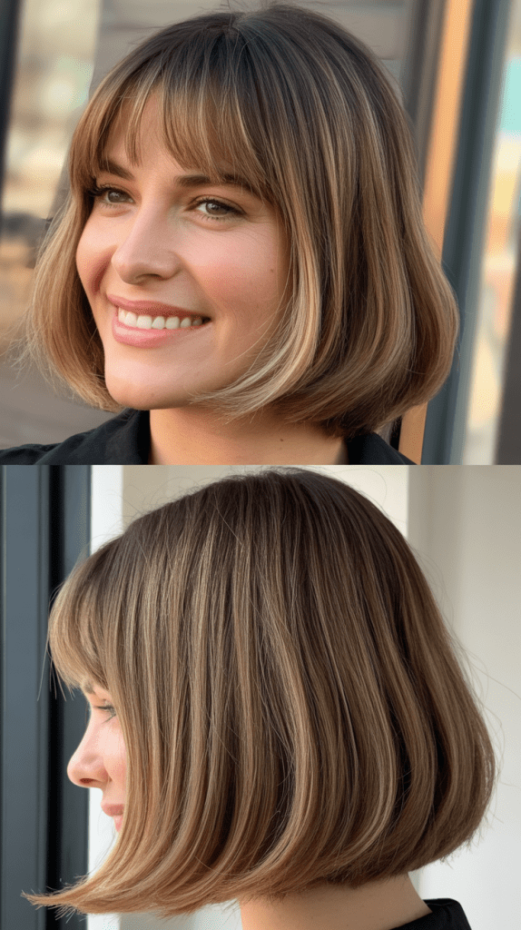 Long Bob With Curtain Bangs And Root Shadow