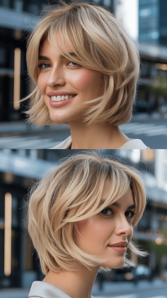 Butter Blonde Lob with Textured Layers and Curtain Bangs