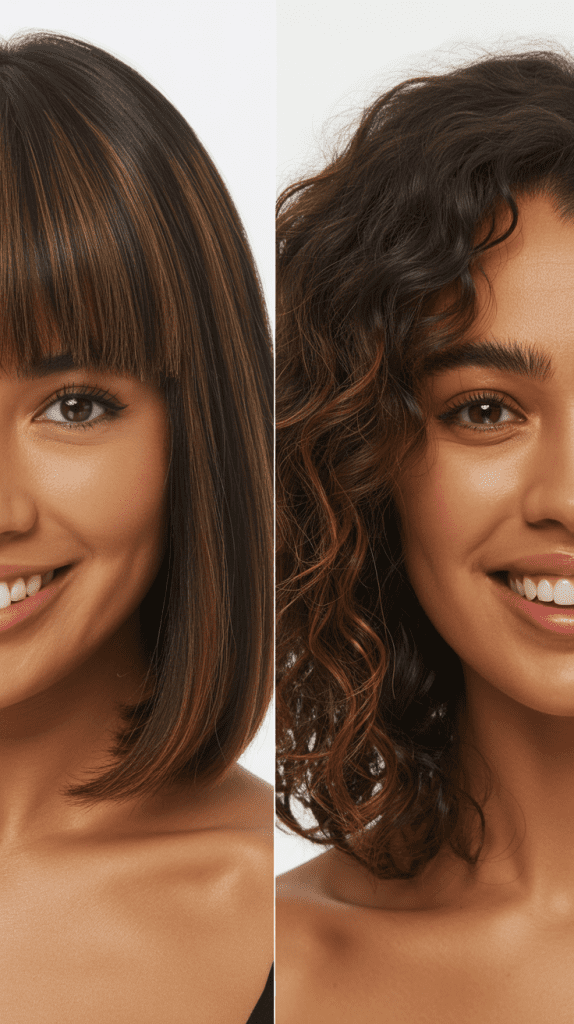 Long Bob With Curtain Bangs And Face-Framing Layers