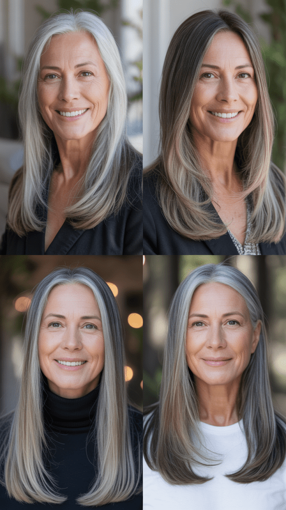 Silver Ombré with Long Straight Hair