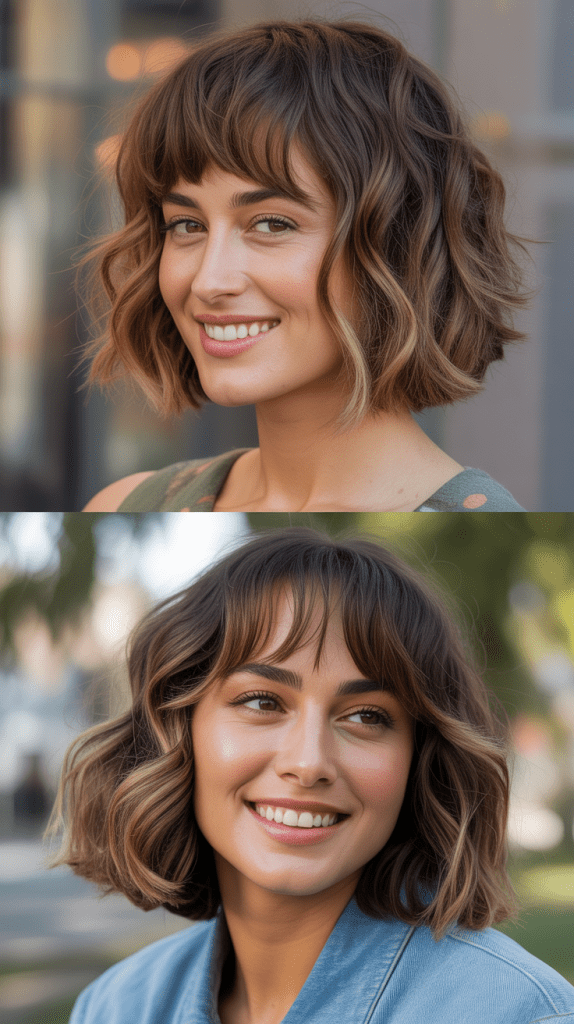 Wavy Bob With Long Piecey Bangs And Highlights