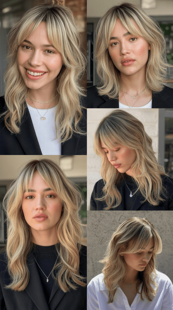 Biscotti Blonde with Choppy Layered Curtain Bangs