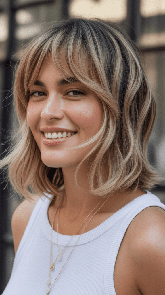 Choppy Side Bangs with Wheat Blonde Highlights