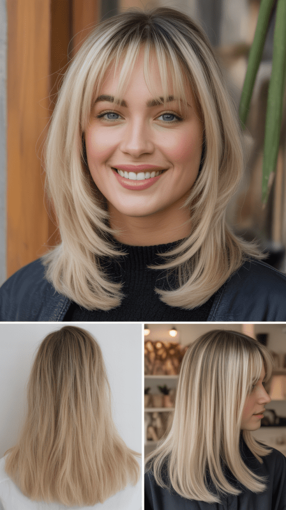 Corn Silk Blonde with Tapering Layers and Curtain Bangs