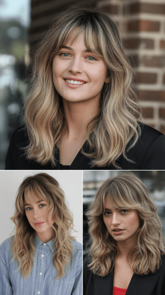 Curtain Bangs with Sunlit Blonde Highlights