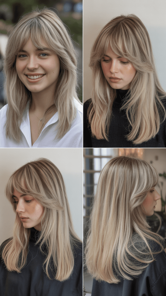 Flaxen Blonde with Micro Layers and Curtain Bangs