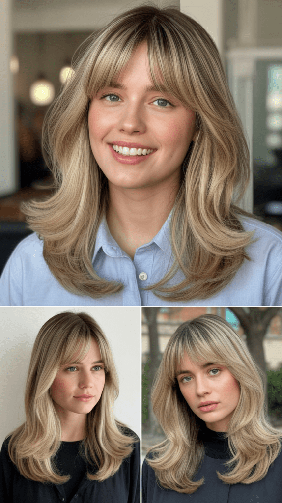 Frosted Wheat Blonde with Dusting Layers and Curtain Bangs