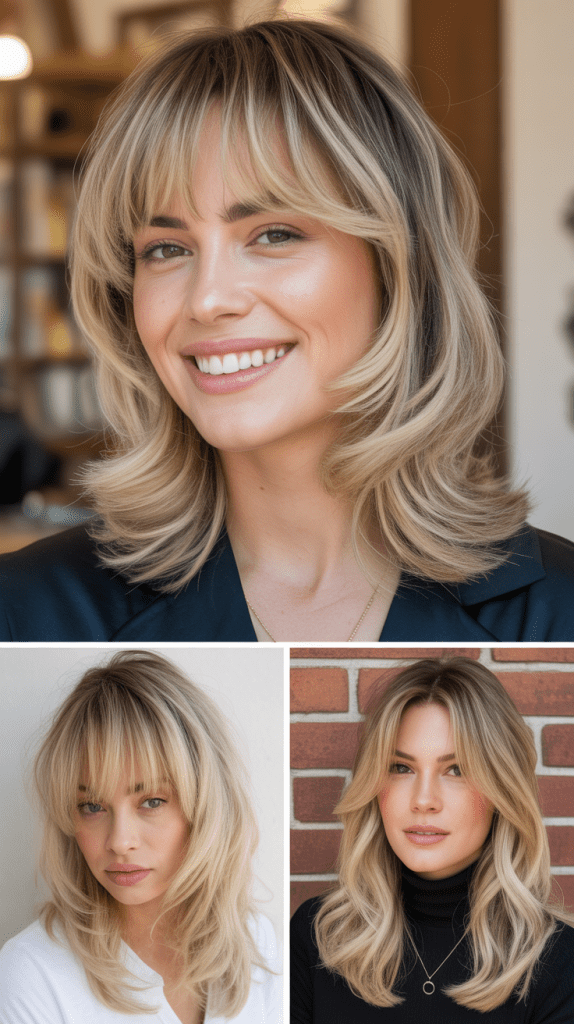 Textured Beachy Blonde Waves with Curtain Bangs